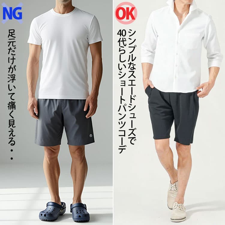 クロックスをはいたダサいショートパンツコーデとスエードシューズをはいたショートパンツコーデの比較