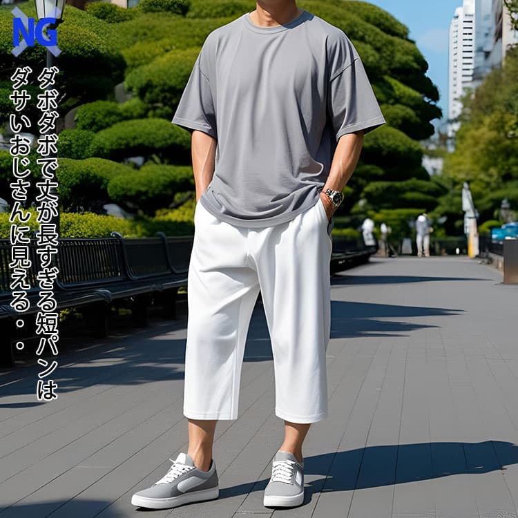 痛い40代に見えるダボダボで丈が長いショートパンツ例