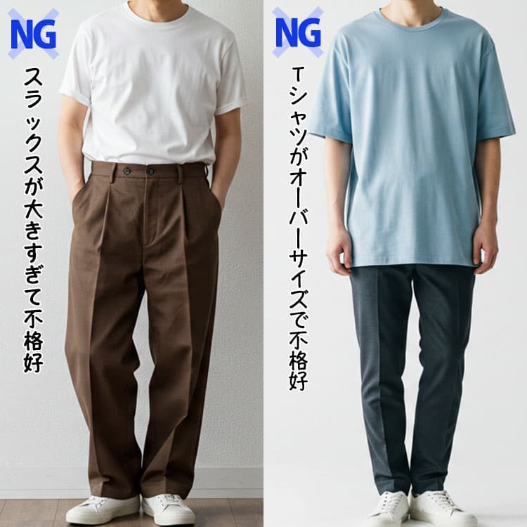 スラックスが大きすぎて不格好なコーデとTシャツがオーバーサイズで不格好なコーデのNG画像