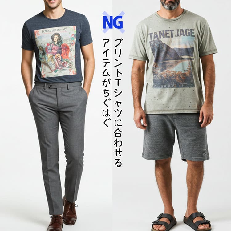 柄Tシャツに合わせるアイテムがちぐはぐなNGコーデ画像