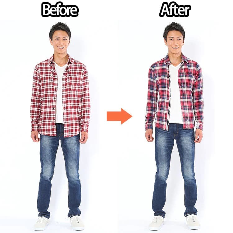 着丈が長すぎるファッションの例と着丈の長さが丁度いいファッションの比較