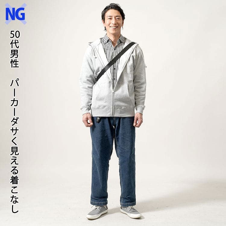 ダボダボのグレーパーカーにダボダボジーンズを合わせたダサいコーデ例