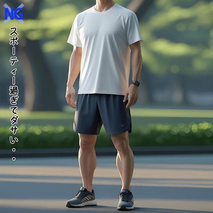 ナイロン素材のスポーツウェアと短パンを合わせたダサいコーデ例