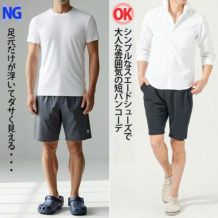 短パンにクロックスを合わせダサいコーデと短パンにスエードシューズを合わせたコーデの比較