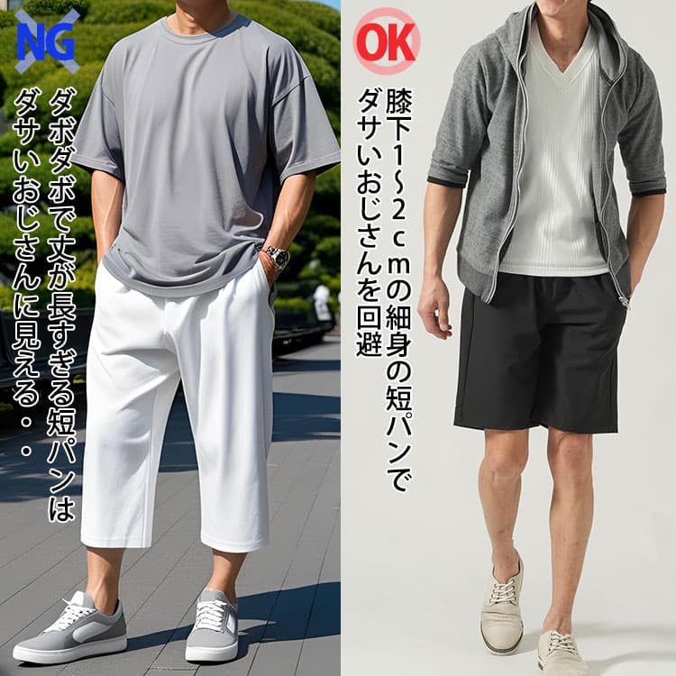 ダサいおじさんに見えるダボダボで丈が長い短パン例