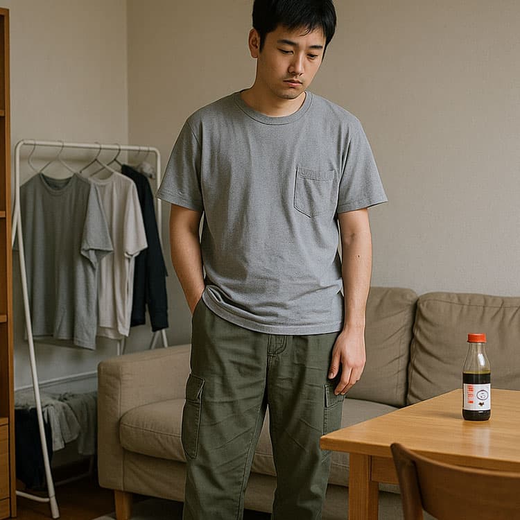 生活感のある暑い夏の部屋でグレーのTシャツとカーゴパンツを着た男性が俯き気味に立っている様子。背後には洗濯物が干されており、テーブルの上には醤油と書類が置かれ、整っていない暮らしぶりが感じられる室内風景。