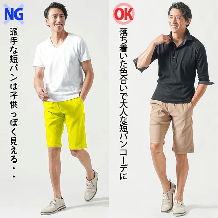 白Tシャツに黄色の短パンをはいたダサい短パンコーデ例