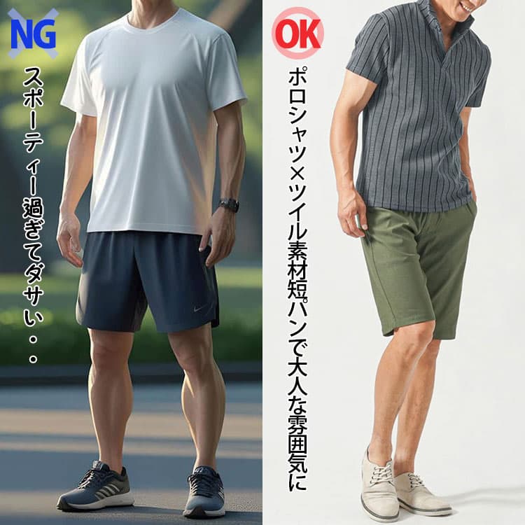 ナイロン素材のスポーツウェアと短パンを合わせたダサいコーデ例