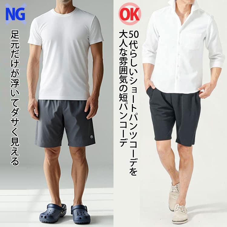 短パンにクロックスを合わせダサいコーデと短パンにスエードシューズを合わせたコーデの比較