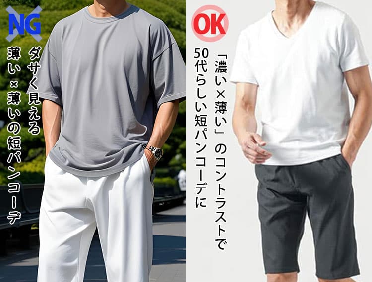 白Tシャツとグレー短パンコーデと白Tシャツと黒短パンを合わせたコーデ例