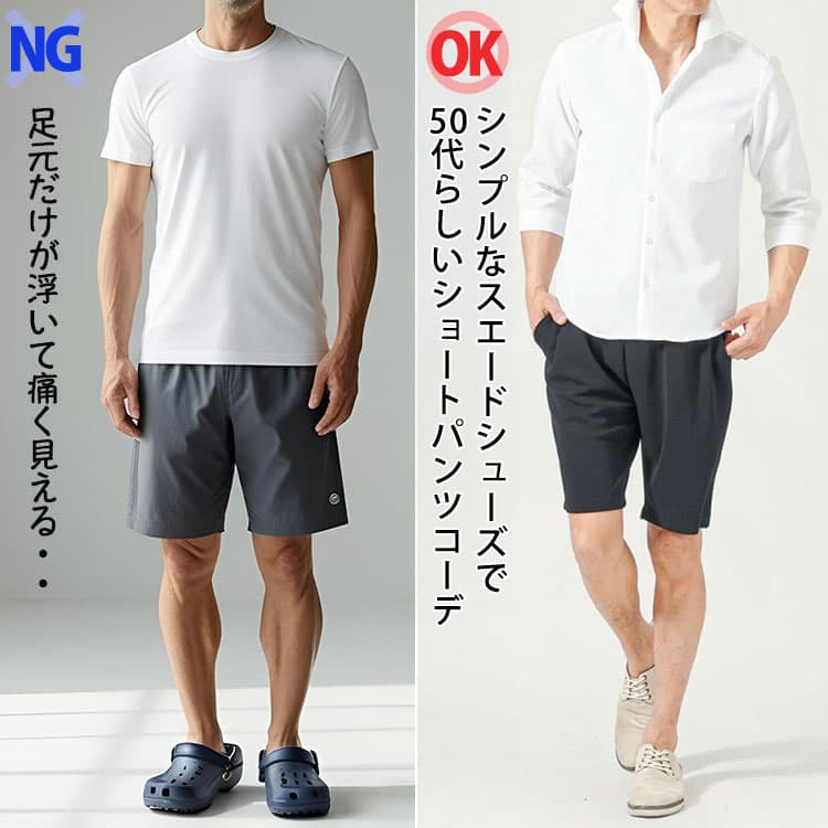 短パンにクロックスを合わせたダサいコーデのグレーシューズを合わせた短パンコーデの比較