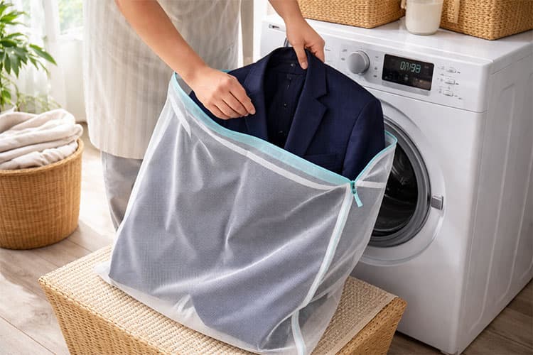 洗濯ネットにサマージャケットを入れて洗濯に出す様子
