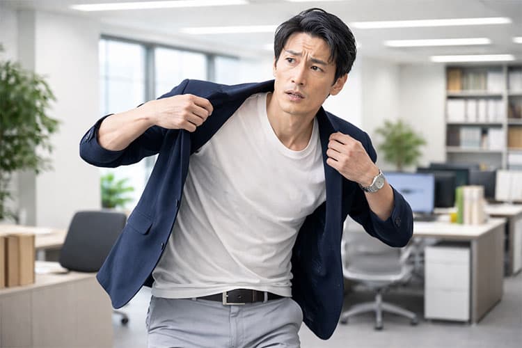 サマージャケットを慌てて着る様子