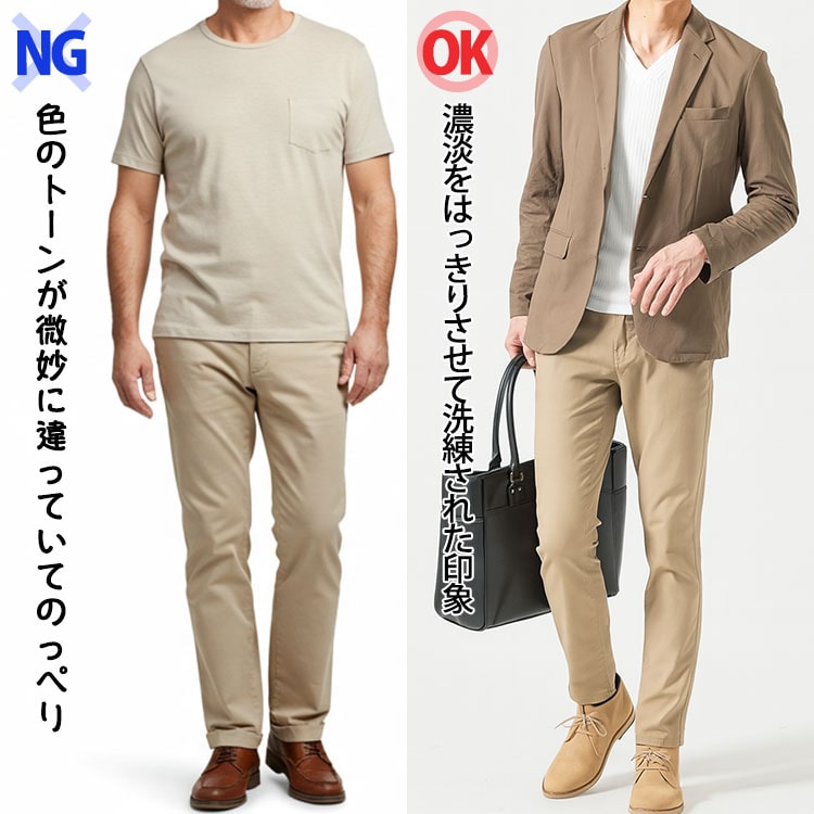 色のトーンが微妙に違っていてのっぺりなワントーンコーデと濃淡をはっきりさせて洗練された印象のワントーンコーデ