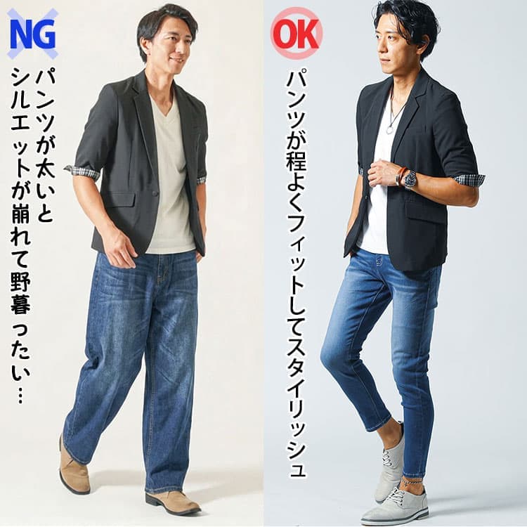 グレーパーカーに「太いストレッチデニム」と「細身のストレッチデニム」を合わせたコーデ比較