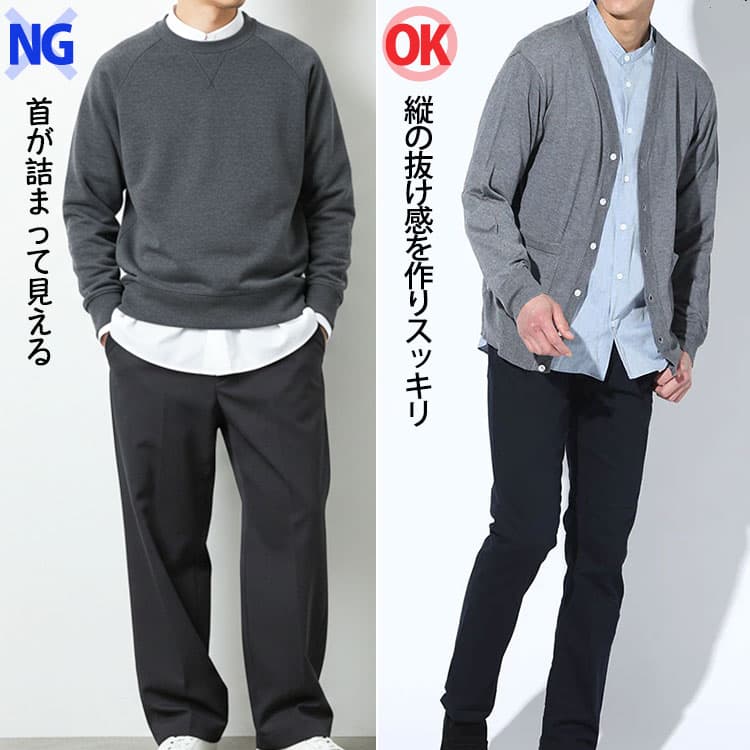 バンドカラー+クルーネックパーカー+ワイドパンツで首が詰まって見えるNGコーデとバンドカラー+Vネックカーディガン+スラックスで縦の抜け感を作りスッキリしたコーデの比較