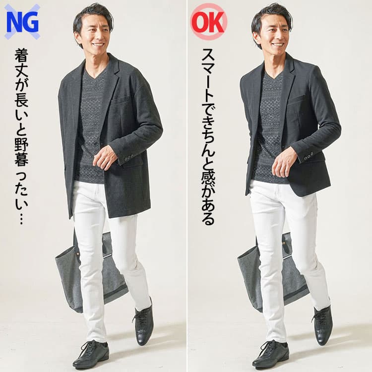大きいジャケットと身体に程よくフィットしたきれいなシルエットのジャケットを比較したメンズコーデ例