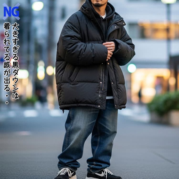 メンズが避けるべき大きすぎる黒ダウンコーデ例