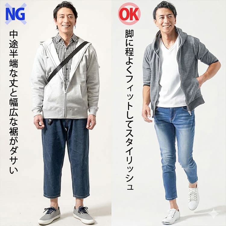 アンクルパンツがダサく見えるNGとスタイリッシュに見えるOKの比較画像