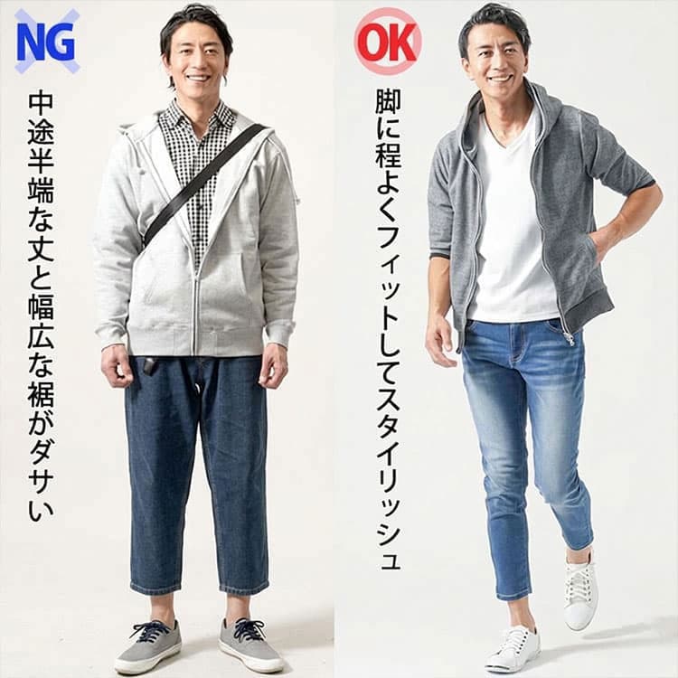 アンクルパンツがダサく見えるNGとスタイリッシュに見えるOKの比較画像