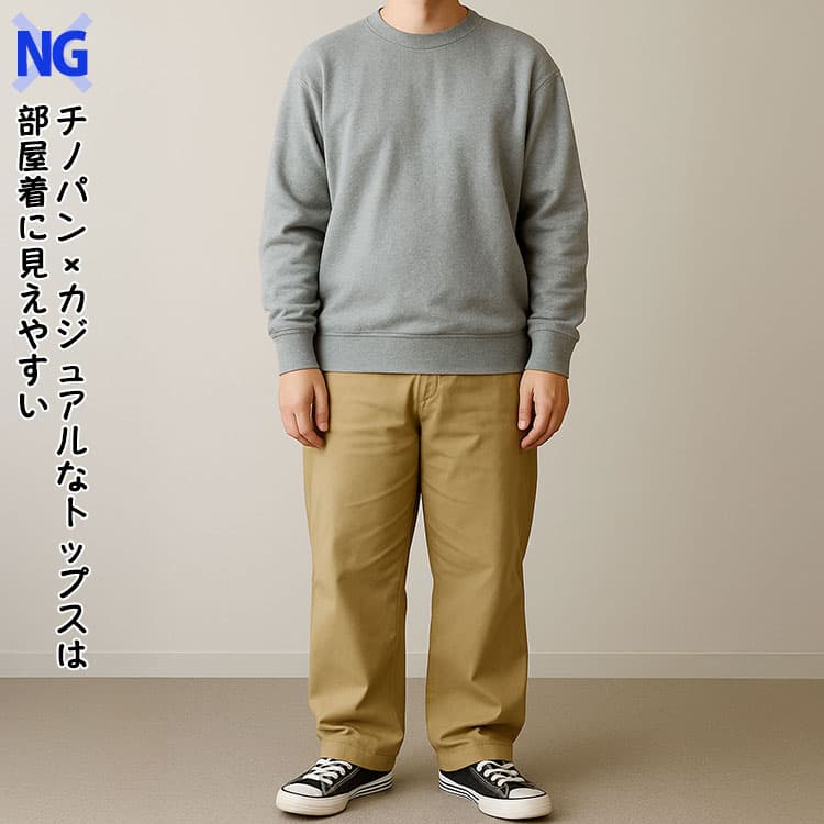 チノパン×カジュアルなトップスは部屋着に見えやすい