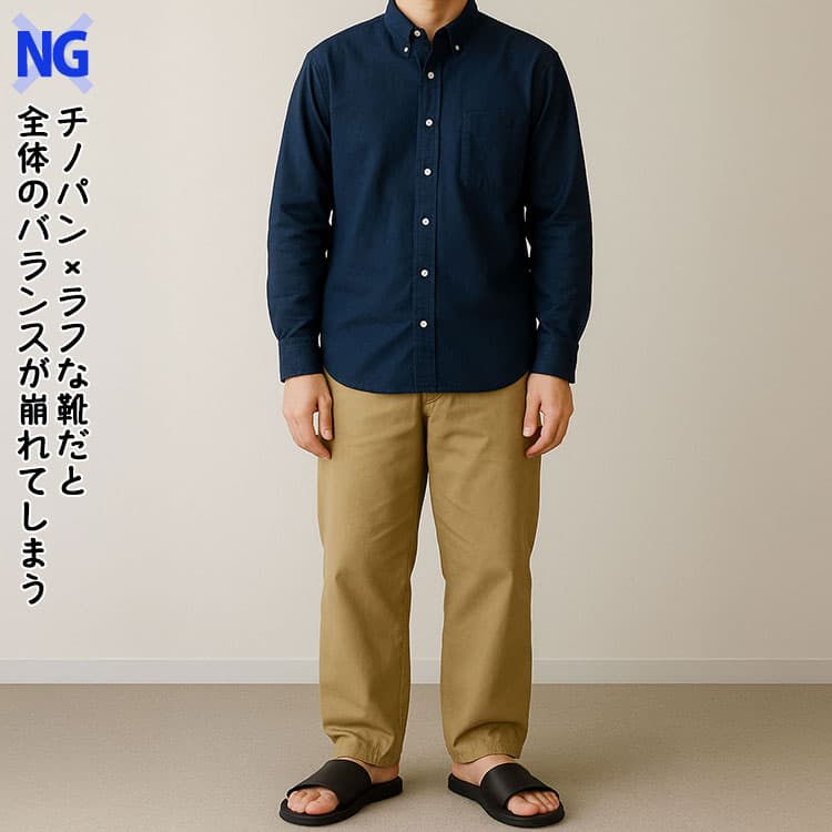 チノパン×ラフな靴だと全体のバランスが崩れてしまう