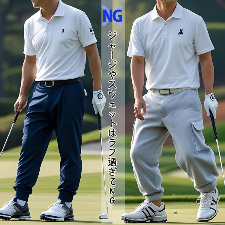 白ポロシャツとジャージ・スウェットパンツを合わせたNGゴルフコーデ例