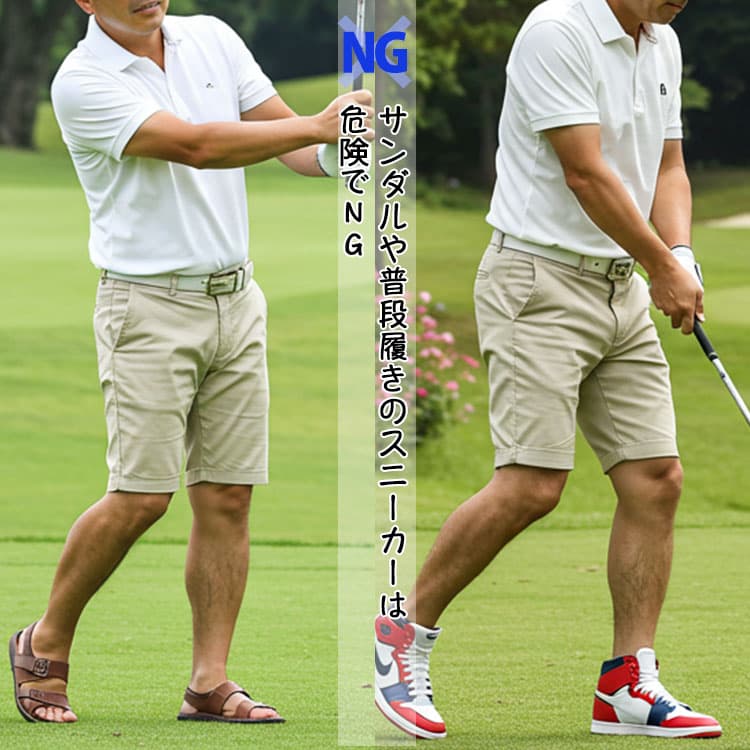 サンダルや普段履きのスニーカーを合わせたNGゴルフコーデ例