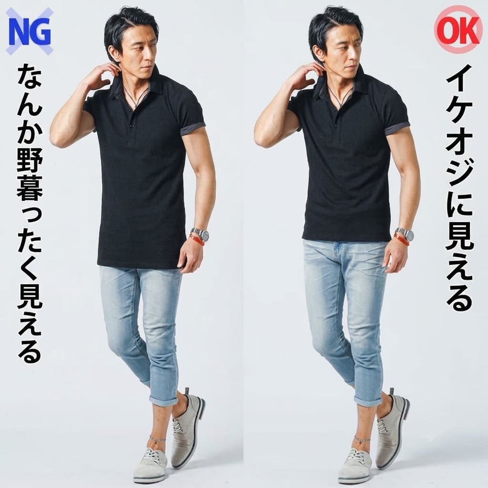 NG：着丈が長くてなんか野暮ったく見える／OK：着丈が短めでイケオジに見える