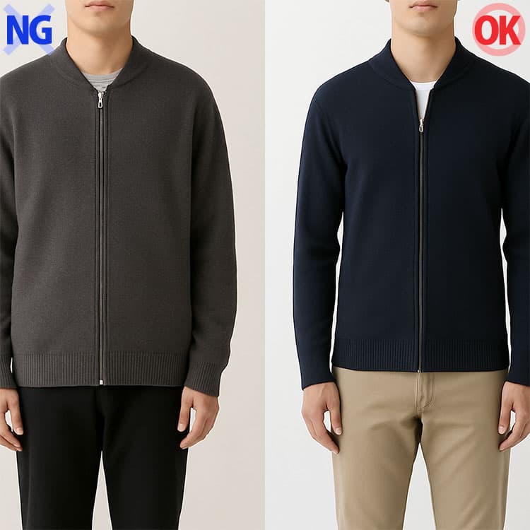 ジップアップカーディガンの肩まわりや袖丈が合っていないと、全体がゆるく見えてしまう例