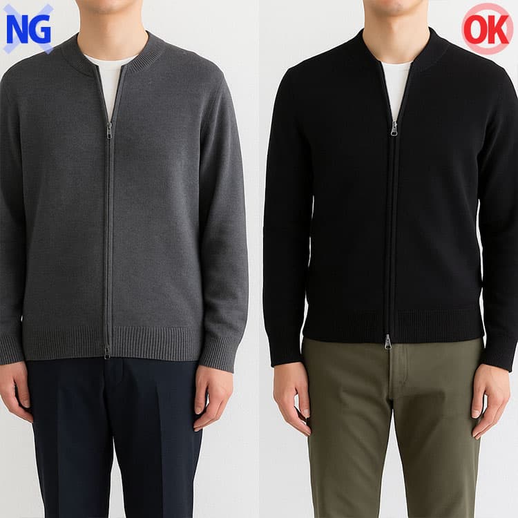 ジップアップカーディガンの着丈が長すぎると、全体のバランスが取りづらくなる例