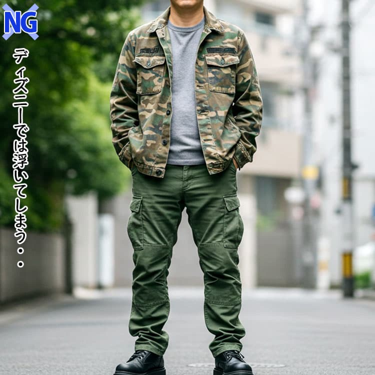 40代メンズがディズニーで避けるべきミリタリーコーデ例