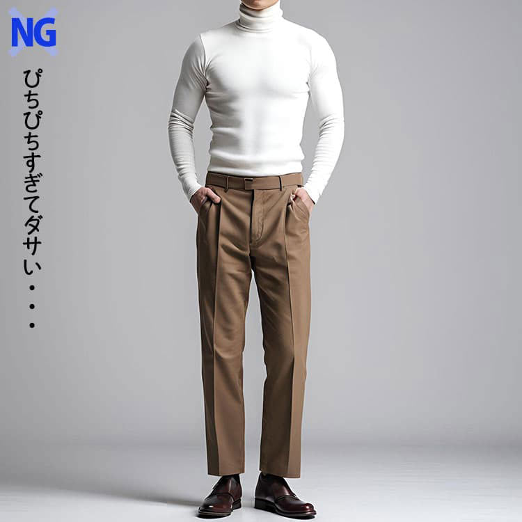 細すぎてピチピチなダサい綿100%タートルネック例