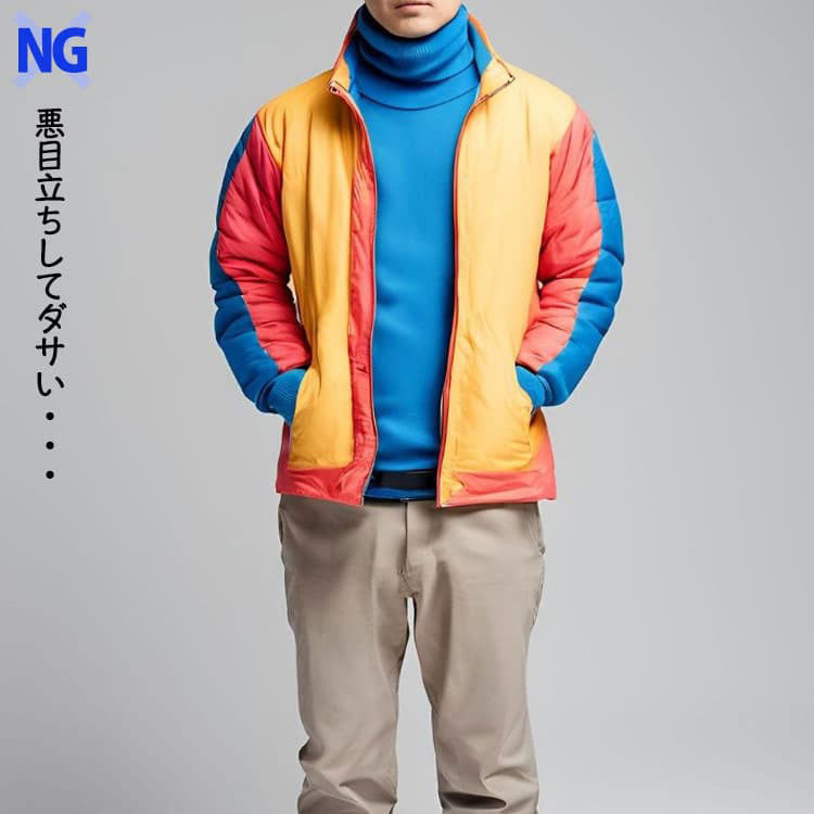 メンズが避けるべき派手な色合いの綿100%タートルネック例