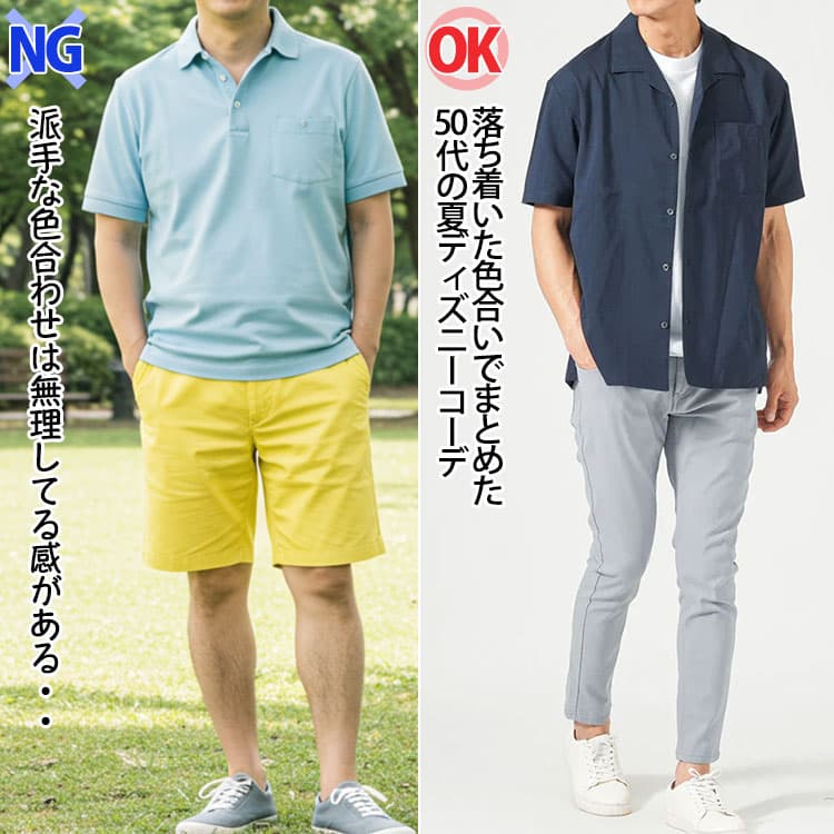 50代の夏ディズニーでは避けるべき派手な色合わせのコーデ例