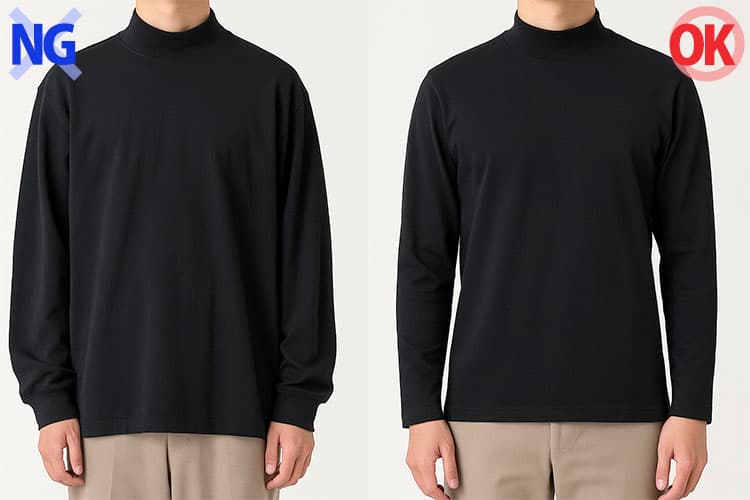 タートルネックのロンTのサイズが合っていない例とサイズが合っている例の比較