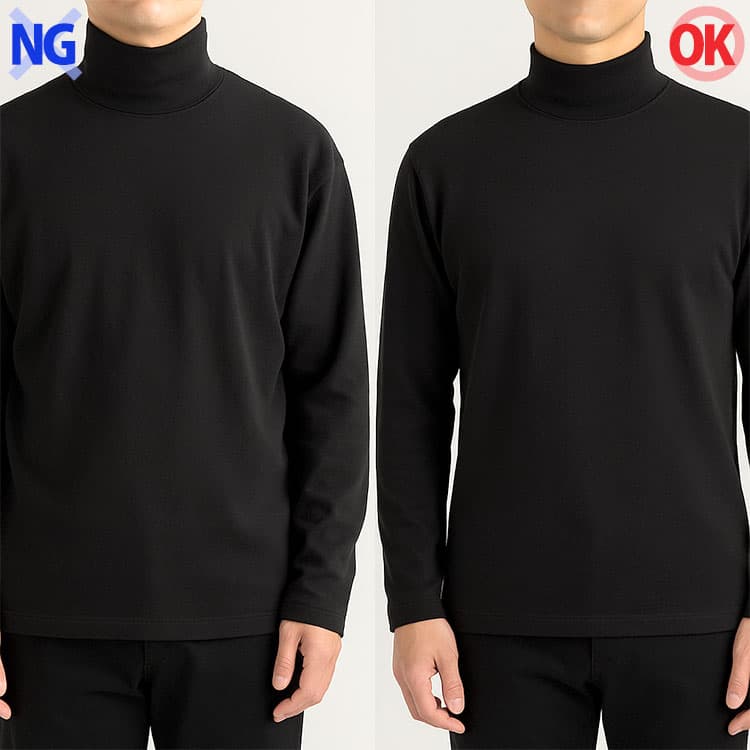 タートルネックのロンTの首元が詰まっている例と首元がちょうどいい例の比較
