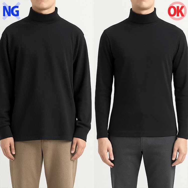 タートルネックのロンTの裾や袖が長すぎる例と裾や袖がちょうどいい例の比較