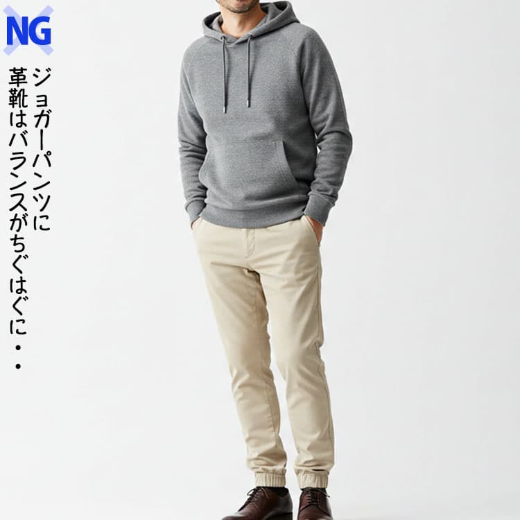 メンズが避けるべきジョガーパンツとビジネス向け革靴を合わせたコーデ例