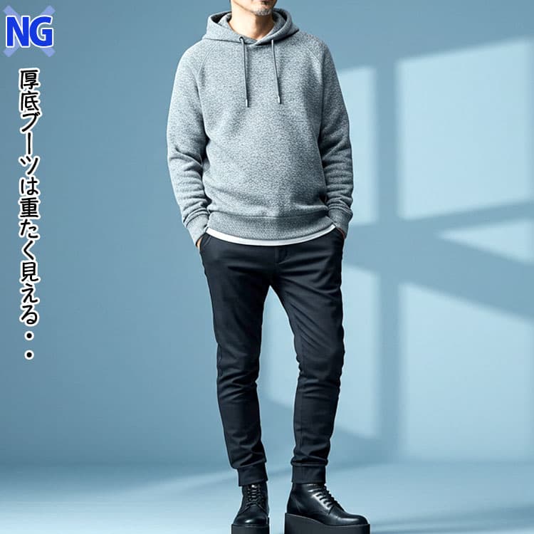 メンズが避けるべきジョガーパンツと厚底ブーツを合わせたコーデ例