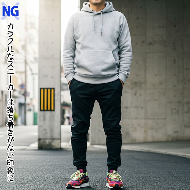 メンズが避けるべきジョガーパンツとカラフルなスニーカーを合わせたコーデ例