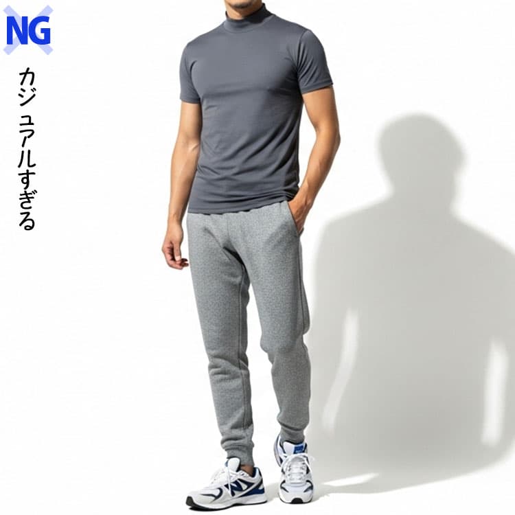 カジュアルすぎるハイネックTシャツのコーデ画像