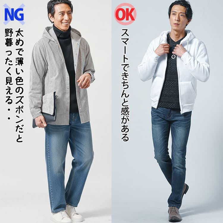 白パーカーに太いネイビーデニムパンツときれいなシルエットのネイビーデニムパンツを合わせたコーデの比較