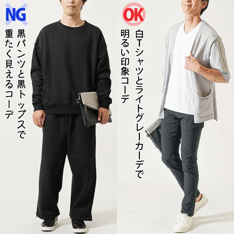 メンズの黒パンツと黒トップスで重たく見えるコーデと黒パンツと白Tシャツとライトグレーカーデで明るい印象のOKコーデの比較