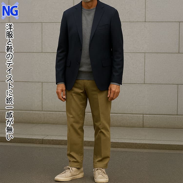 ジャケットと靴のテイストがチグハグで統一感がない