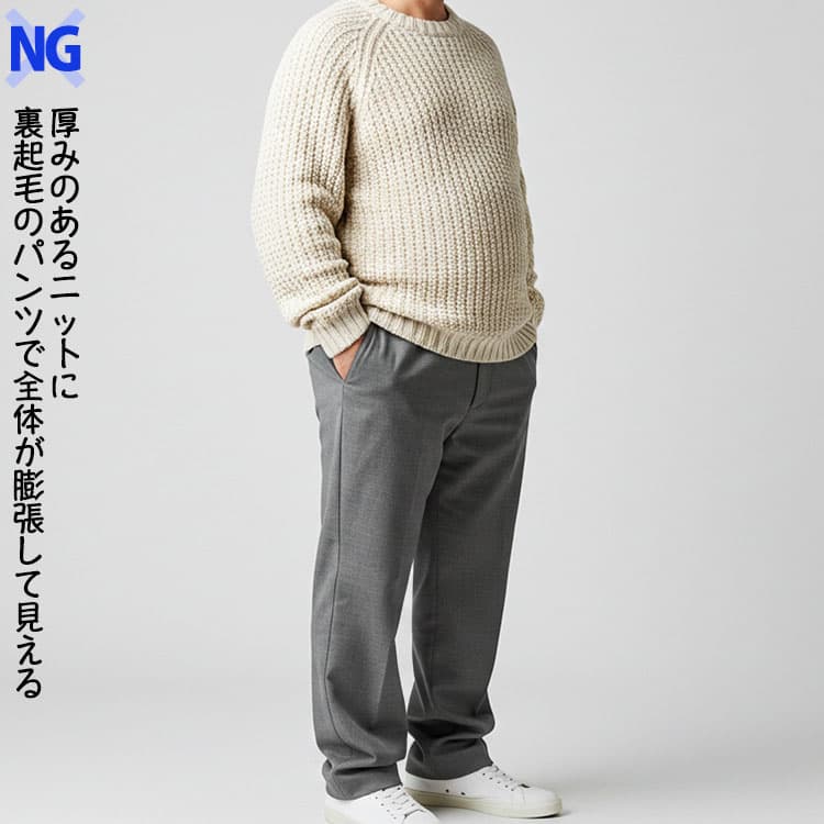 メンズの厚みのあるニットに裏起毛のパンツで全体が膨張して見えるNG画像