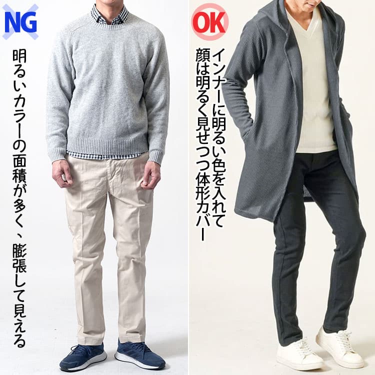明るいカラーの面積が多く、膨張して見えるコーデとインナーに明るい色を入れて顔は明るく見せつつ体形カバーしているコーデの比較画像