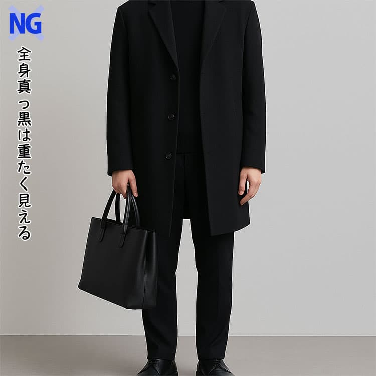 黒コートに黒のバッグは重たい印象になることがある例