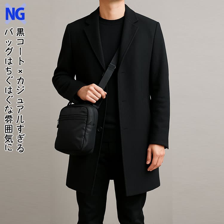 黒コートにカジュアルすぎるバッグはちぐはぐな雰囲気になる例