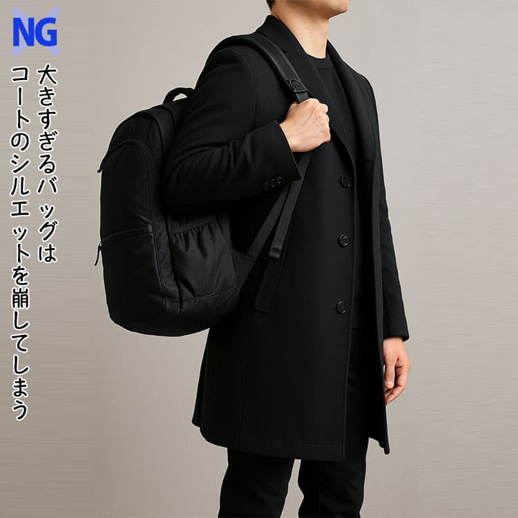 大きすぎるバッグはコートのシルエットを崩してしまう例